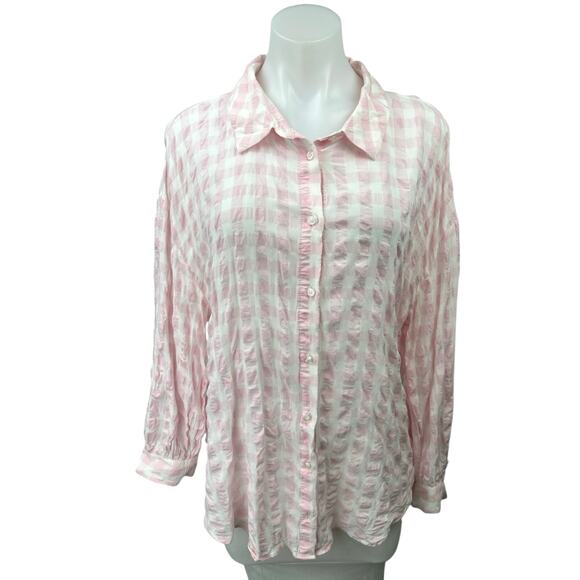Zara Pink White Checkered Plaid Button Down Long Sleeve Shirt Blouse Top Size M - Picture 1 of 5
